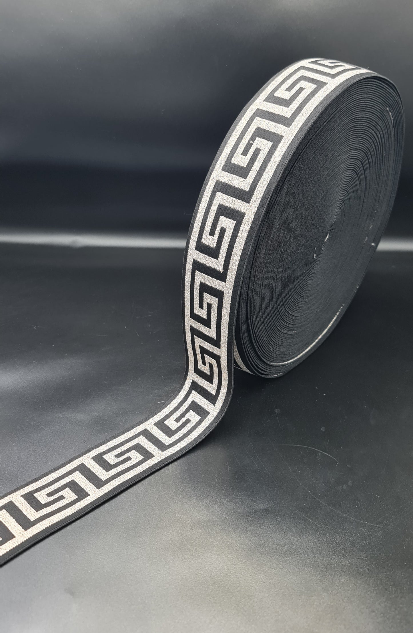 Fancy Elastic - Black/Gold Pattern (50mm) (SOLD PER METER & ROLL)