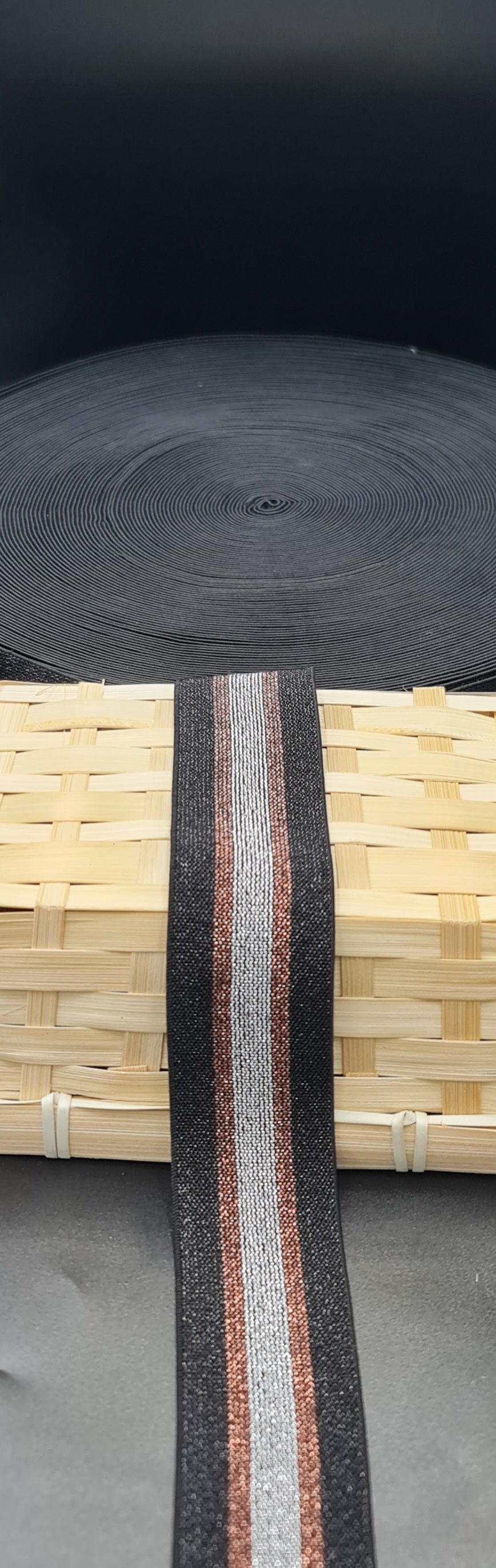 Fancy Elastic - Bronze/Silver Striped Lurex (40mm) (SOLD PER METER & ROLL)