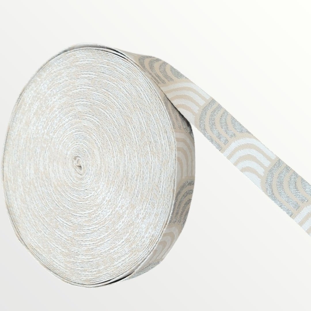 Fancy Webbing - 38mm - Boomerang Wave Design - Tan/Silver/White