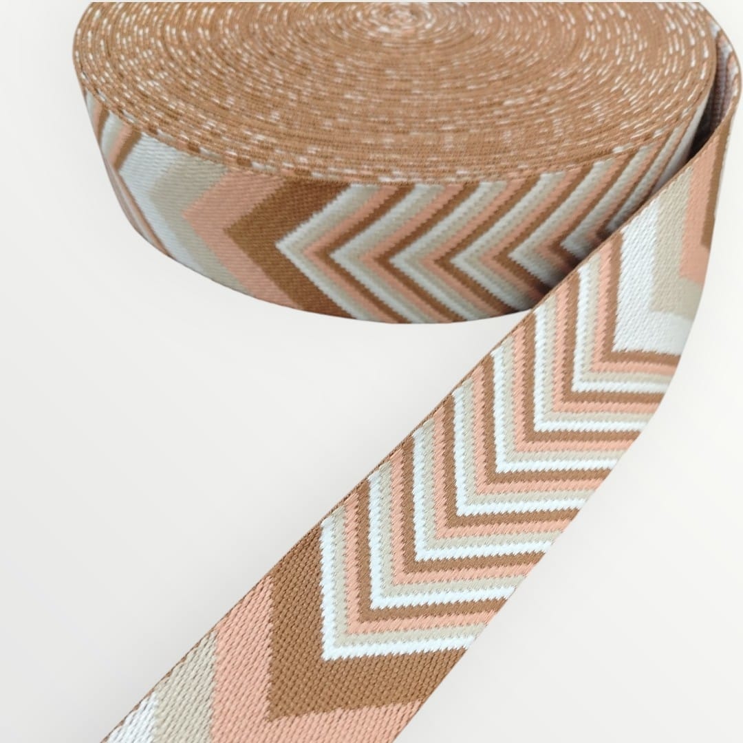 Fancy Webbing -38mm - Triangle Stripe Design - Peach/White/Stone