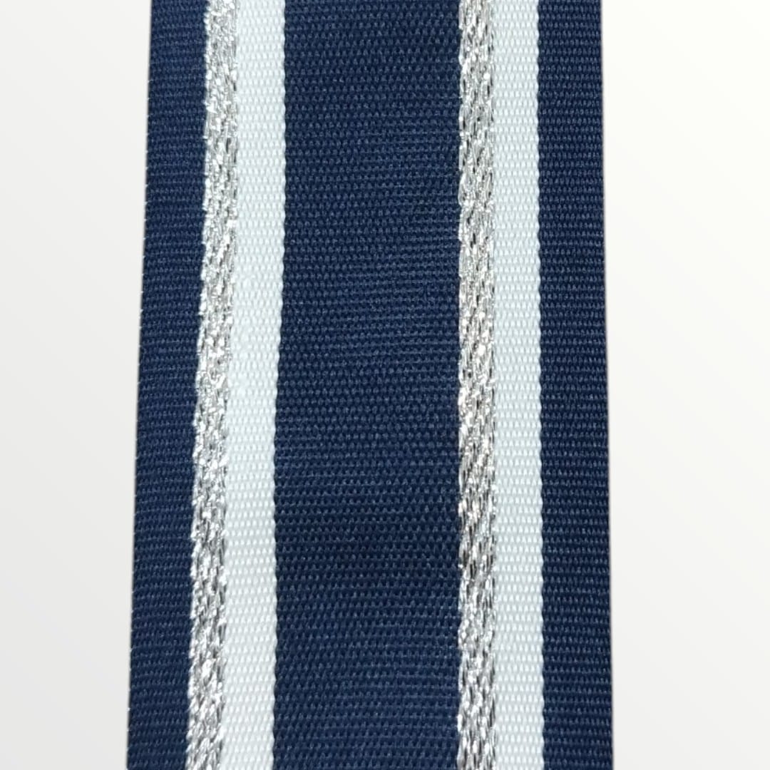 Navy Tape with Silver Lurex/White Stripes -35mm Width (SOLD PER METRE & ROLL)