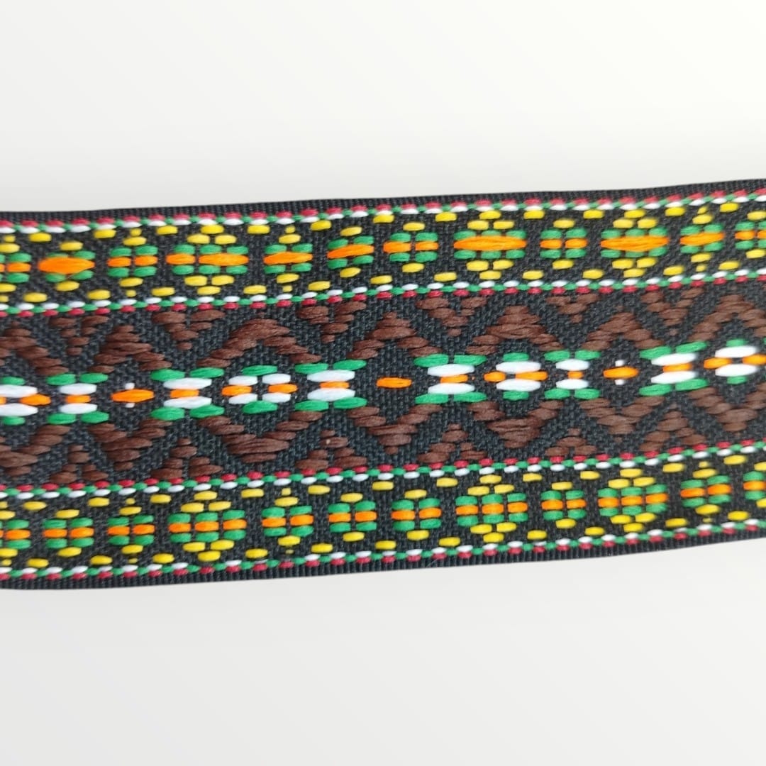 5cm Embroidered Tape - 2 Colourways - Black/Blue/Yellow/Brown/Tan/White & Black/Green/Red/Yellow/Orange/White