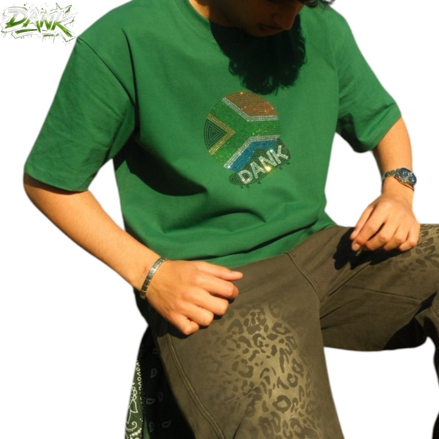 Dank - Rhinestone Custom Street Football Bling Tee - Kasi Diski - Emerald Green