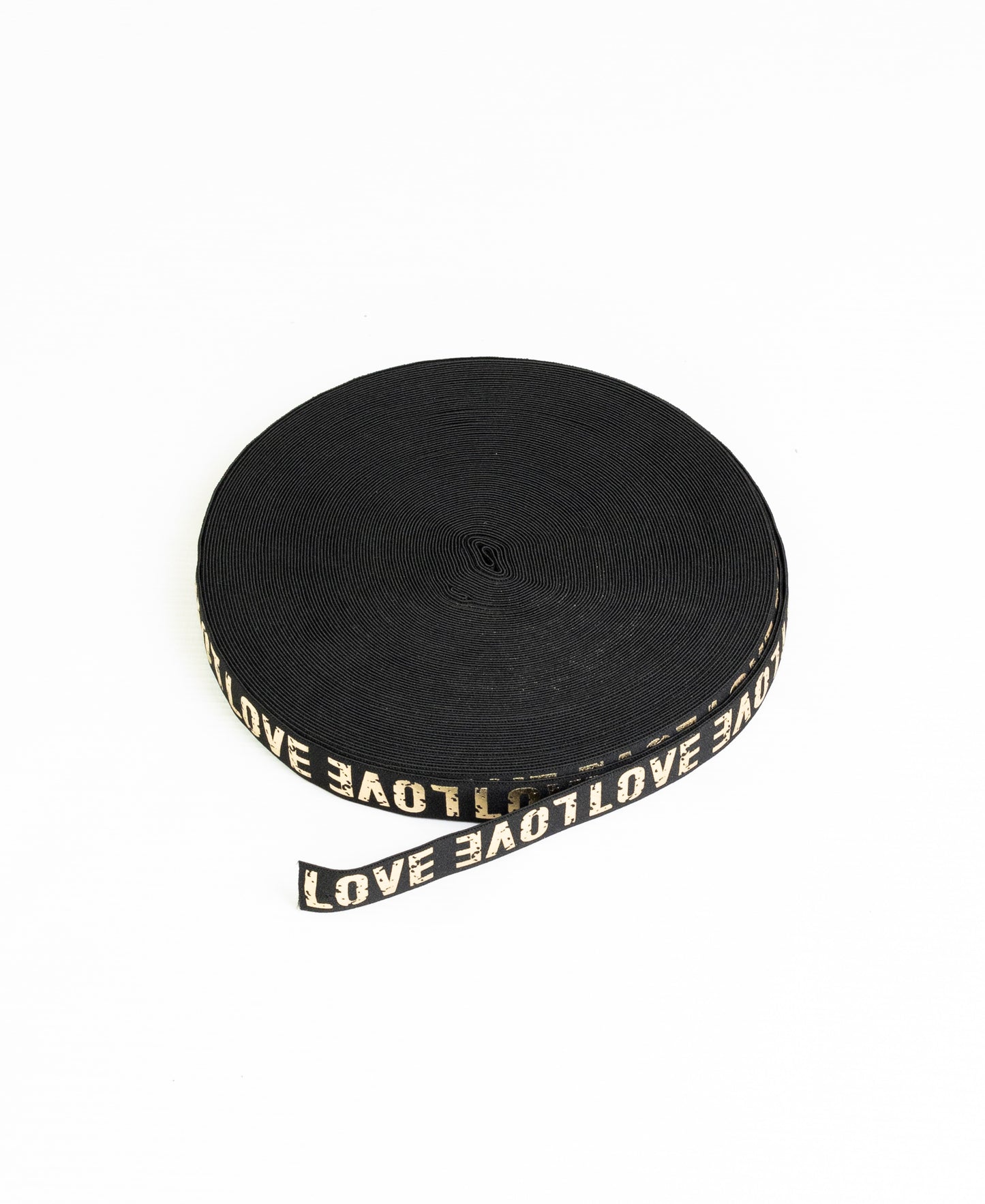 Printed Elastic - Black/Gold "LOVE" (25mm) (SOLD PER METER & ROLL)