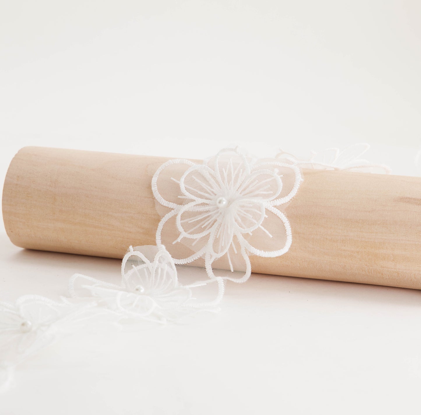 Embroidered Flower with Pearl on Organza Mesh (SOLD PER METER)