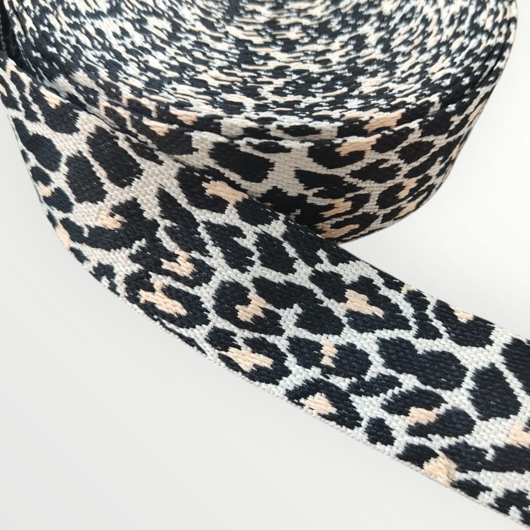 Fancy Webbing - 38mm - Leopard Print - Cream/Black/Gold