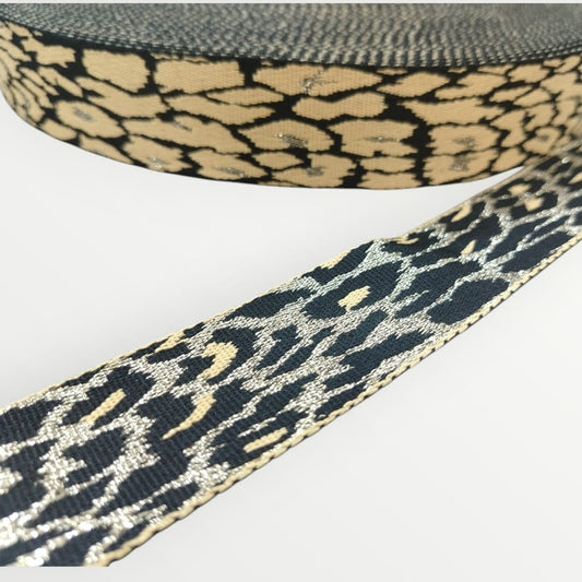 Fancy Webbing -38mm - Speckled Gold Leopard Print - Apricot/Black/Gold Lurex