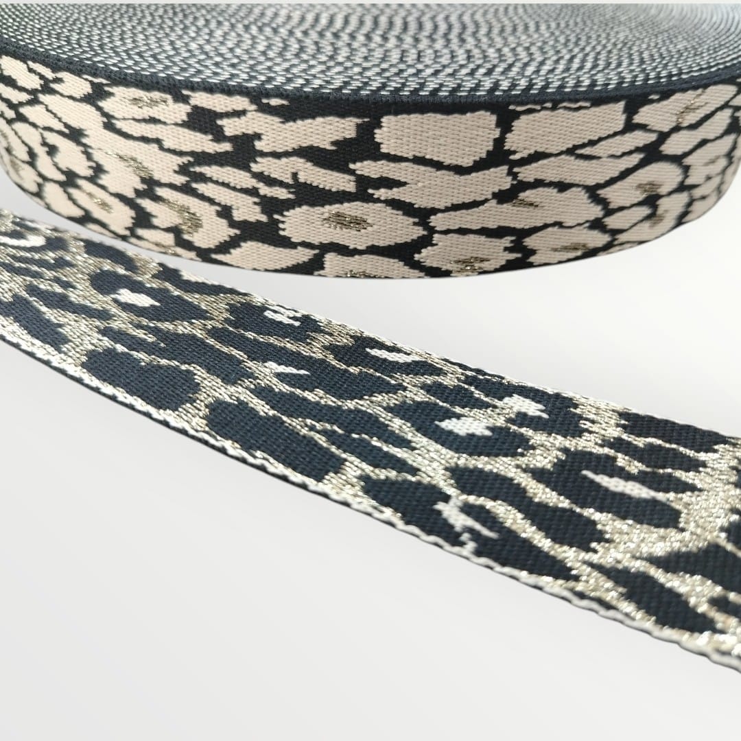 Fancy Webbing - 38mm - Speckled Gold Leopard Print - Cream/Black/Gold Lurex