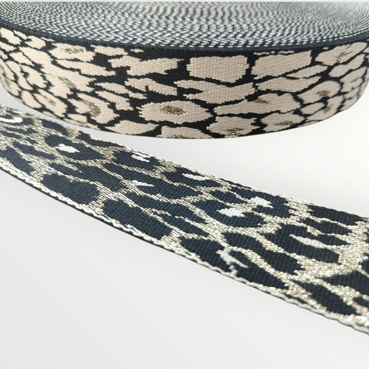 Fancy Webbing - 38mm - Speckled Gold Leopard Print - Cream/Black/Gold Lurex