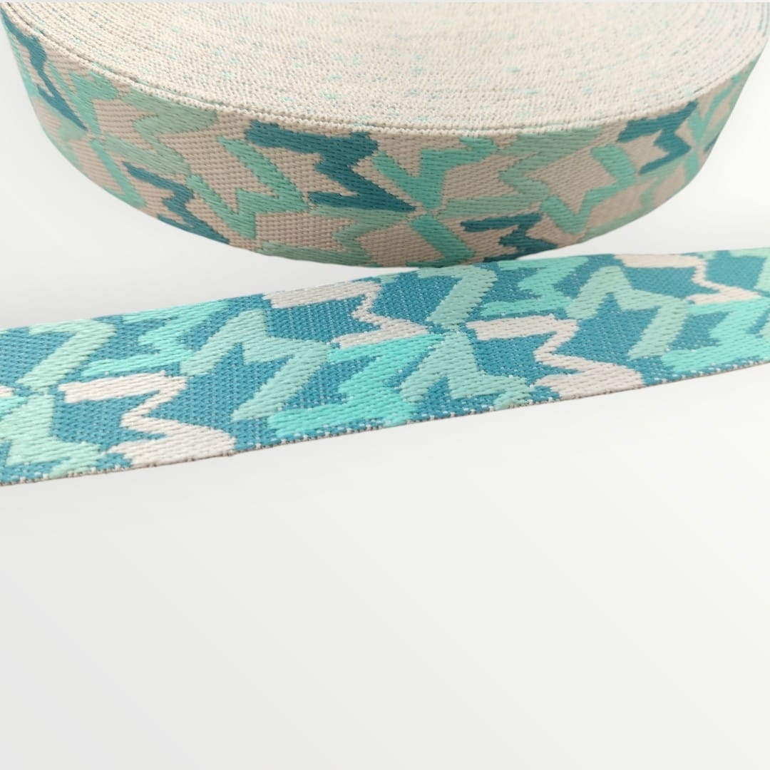 Fancy Webbing - 38mm- M Design - Blue/Aqua/Cream – Trims n Things