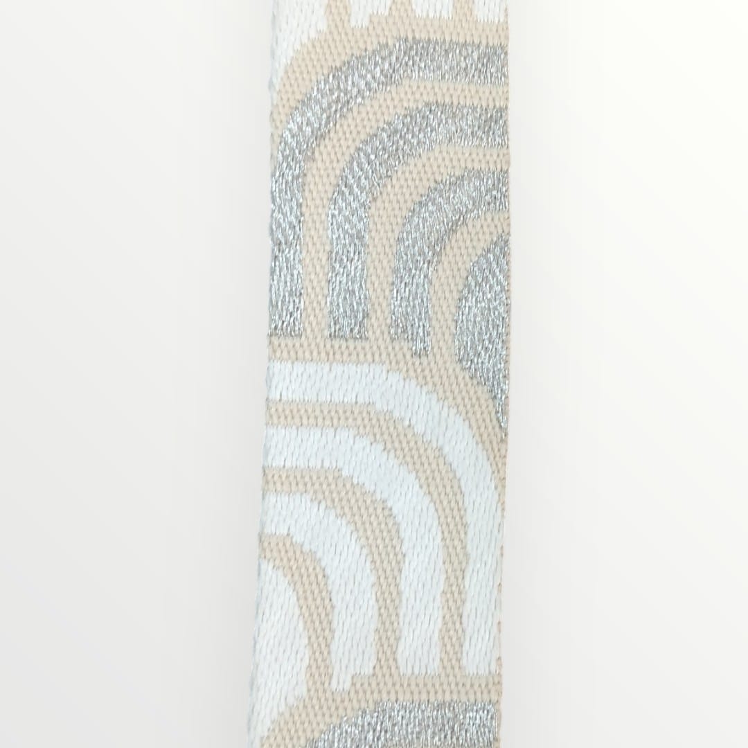 Fancy Webbing - 38mm - Boomerang Wave Design - Tan/Silver/White