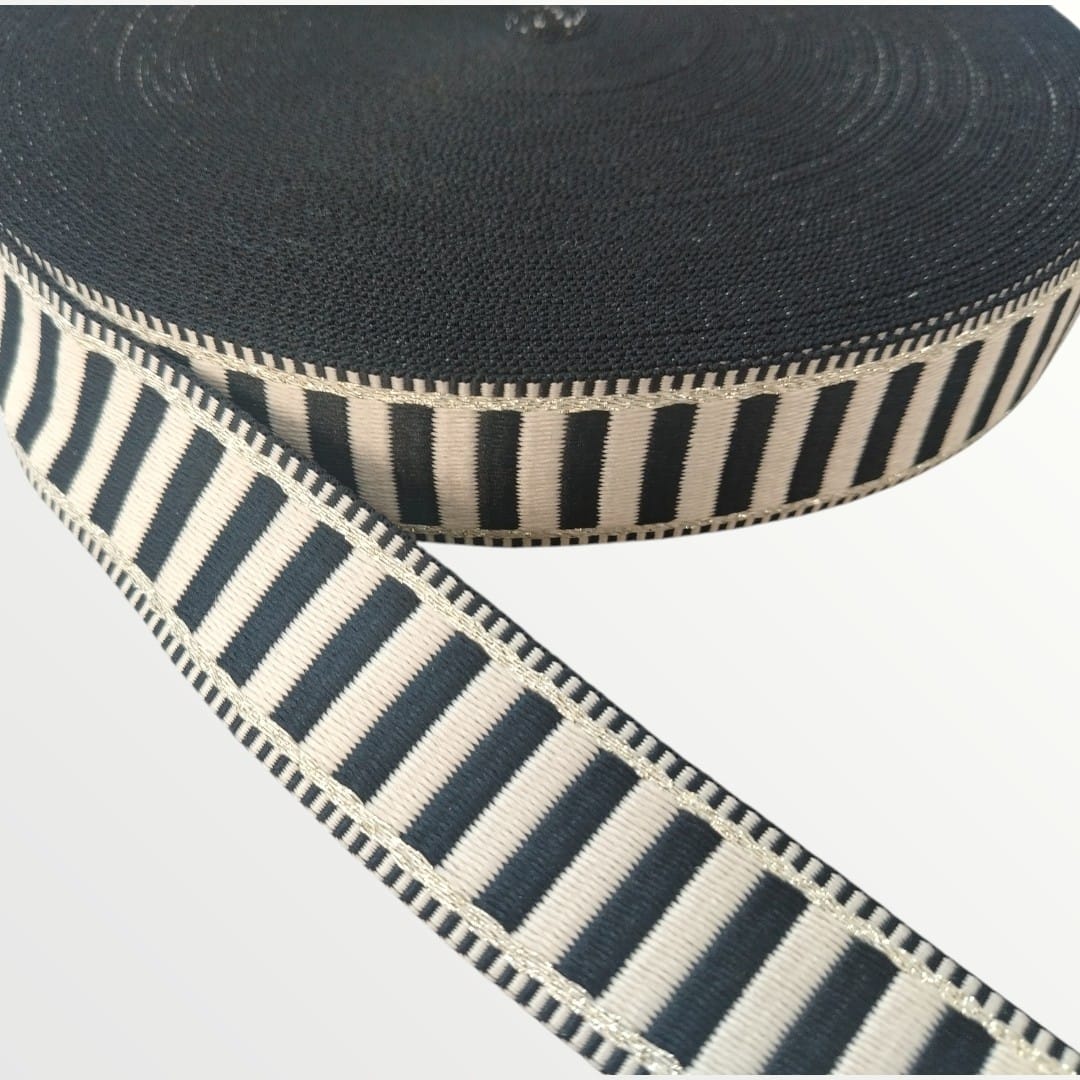 Fancy Webbing - 38mm - Striped Design - Tan/Black/Hint of Gold