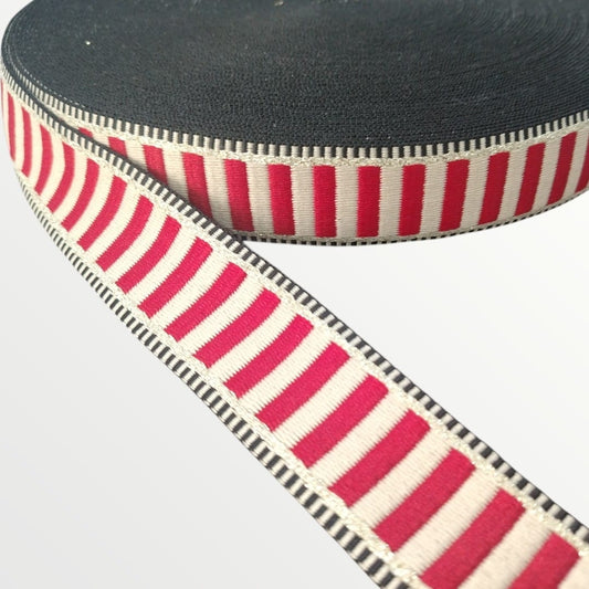 Fancy Webbing - 38mm - Striped Design - Tan/Red/Hint of Gold