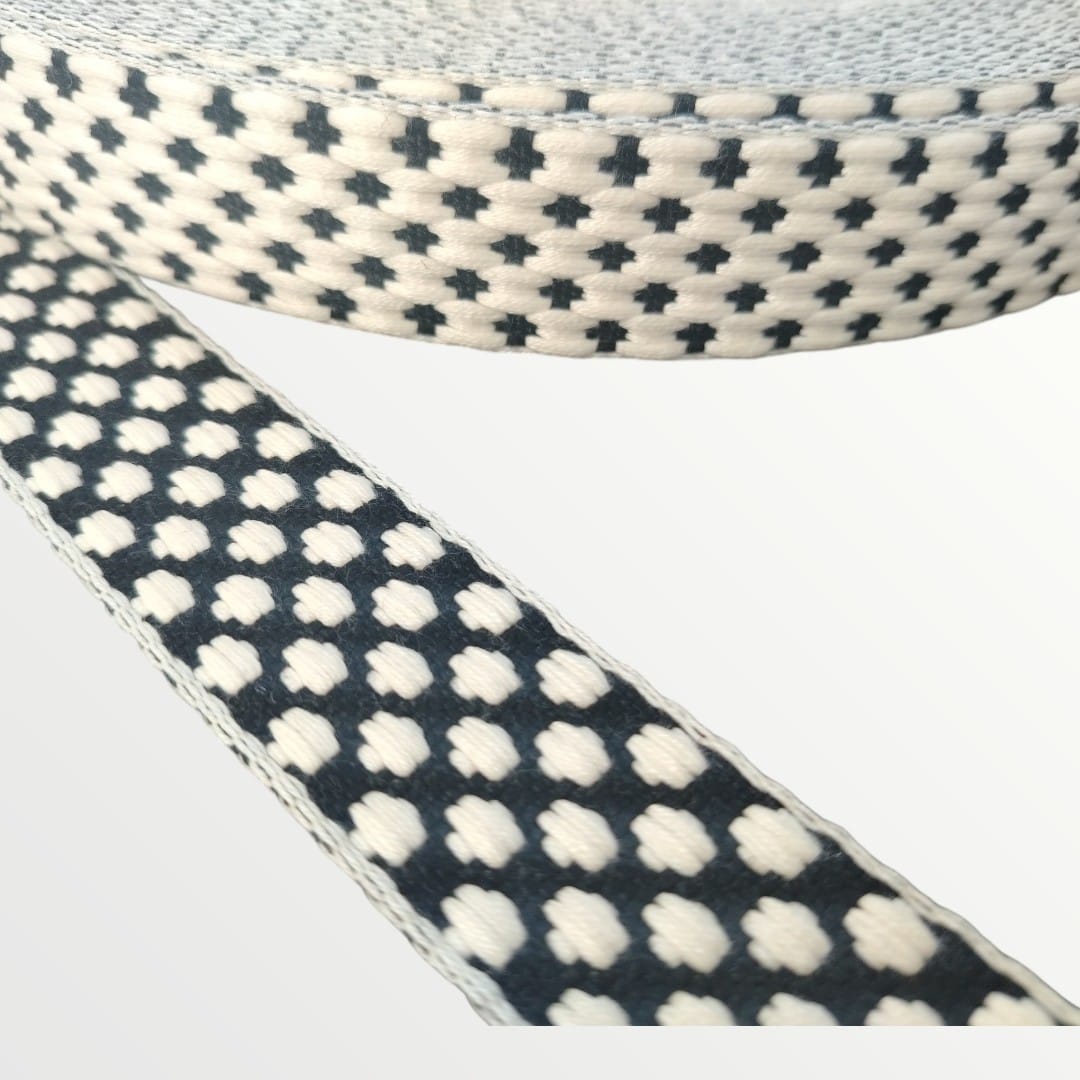 Fancy Webbing - 38mm - Spotted Clover Design - Cream/Black