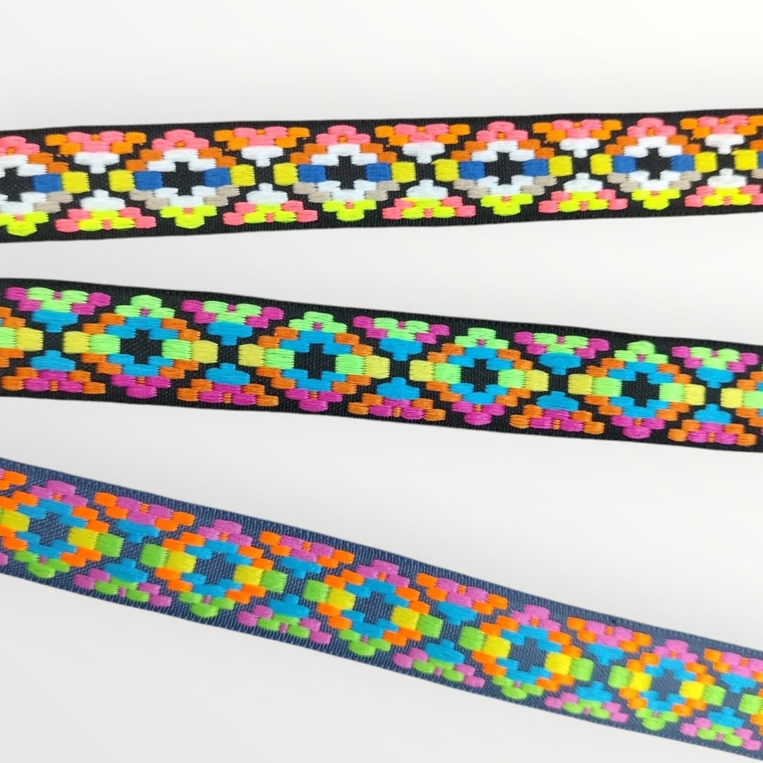 2.5cm Embroidered Tape - 3 Colourways - Bright Vibrant Colours
