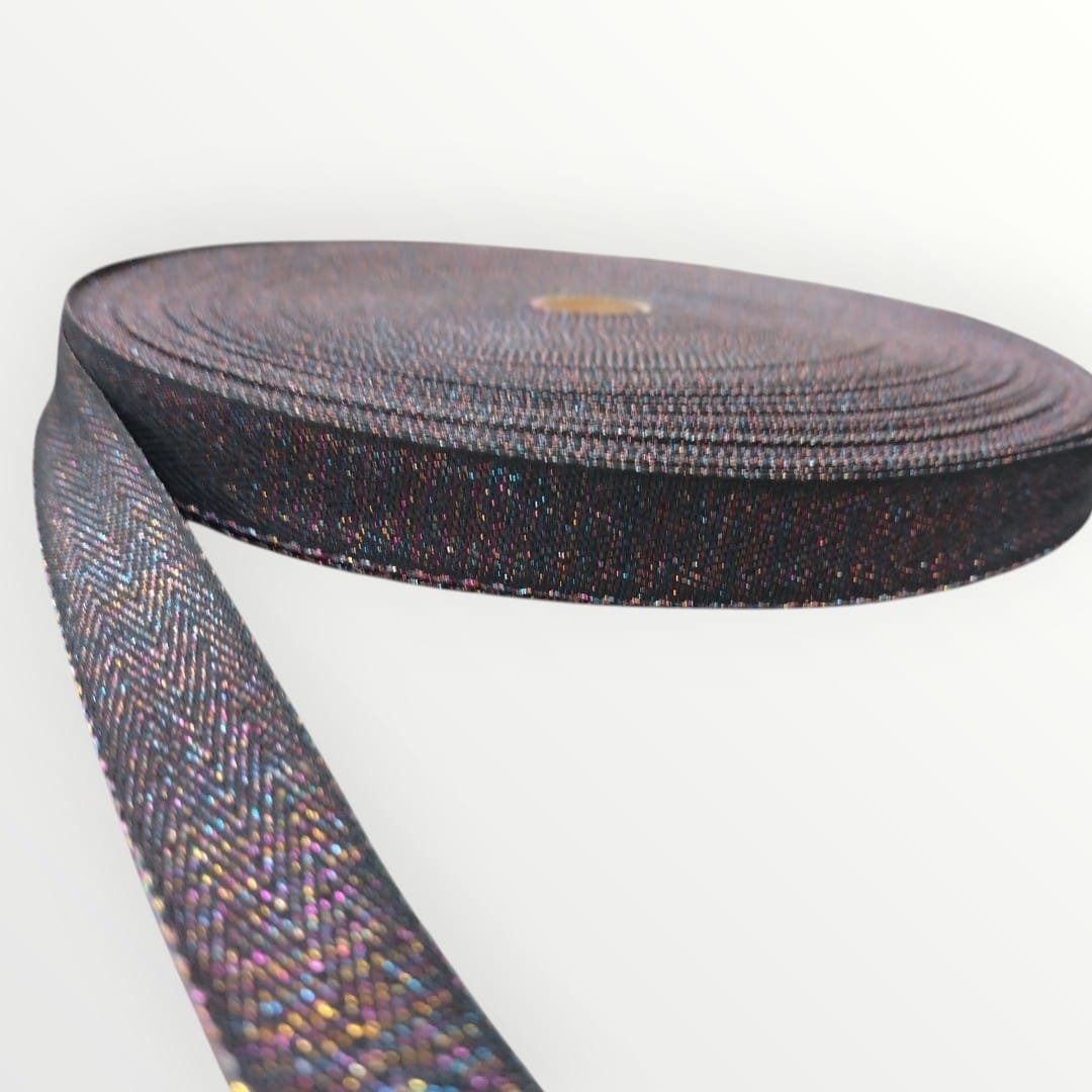 2cm Lurex Twill Tape - Black/Multi Lurex (Rainbow-Like Effect) (SOLD PER METRE)