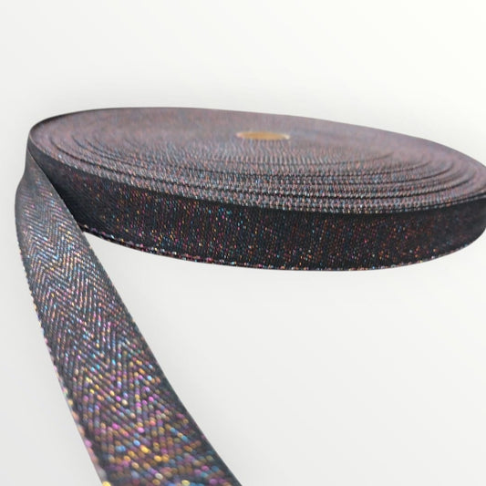 2cm Lurex Twill Tape - Black/Multi Lurex (Rainbow-Like Effect) (SOLD PER METRE)
