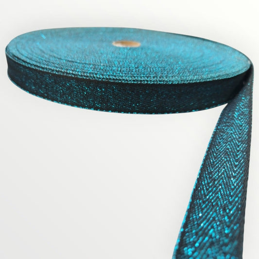 2cm Lurex Twill Tape - Black/Aqua Blue Lurex (SOLD PER METRE)