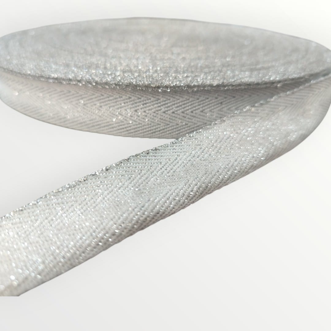 2cm Lurex Twill Tape - White/Silver Lurex (SOLD PER METRE)