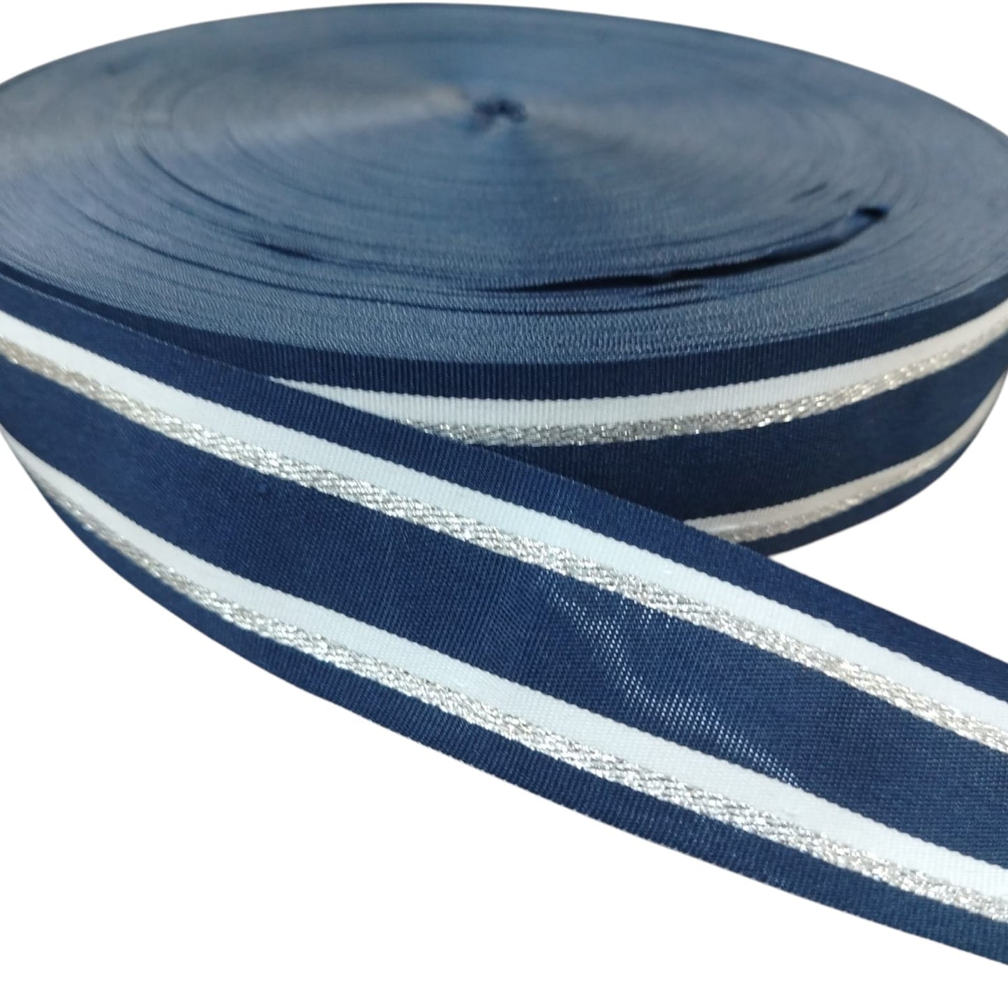 Navy Tape with Silver Lurex/White Stripes -35mm Width (SOLD PER METRE & ROLL)