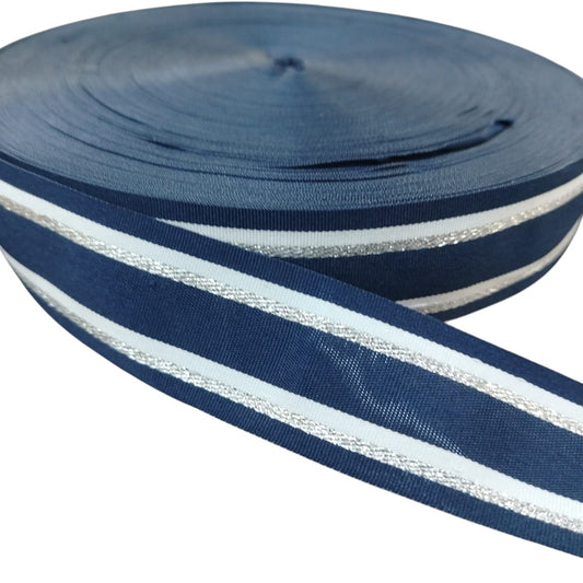 Navy Tape with Silver Lurex/White Stripes -35mm Width (SOLD PER METRE & ROLL)