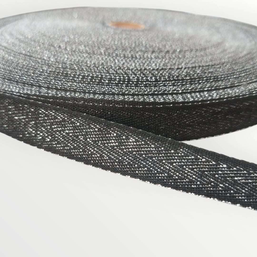 2cm Lurex Twill Tape - Black/Silver Lurex (SOLD PER METRE)