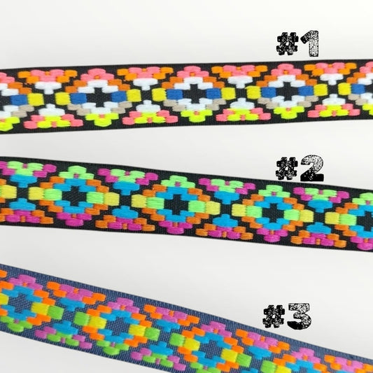 2.5cm Embroidered Tape - 3 Colourways - Bright Vibrant Colours