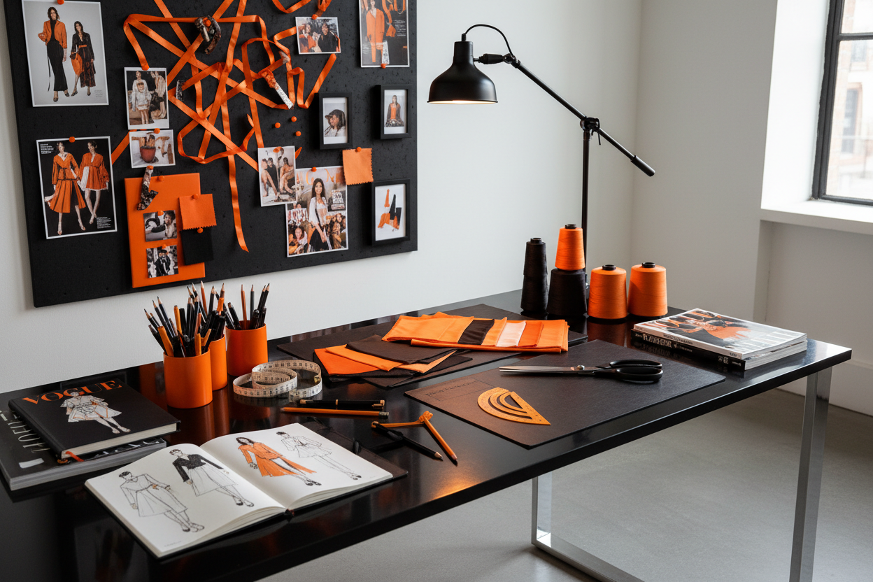 Use Black and orange as a theme for a fashion designers desk. 