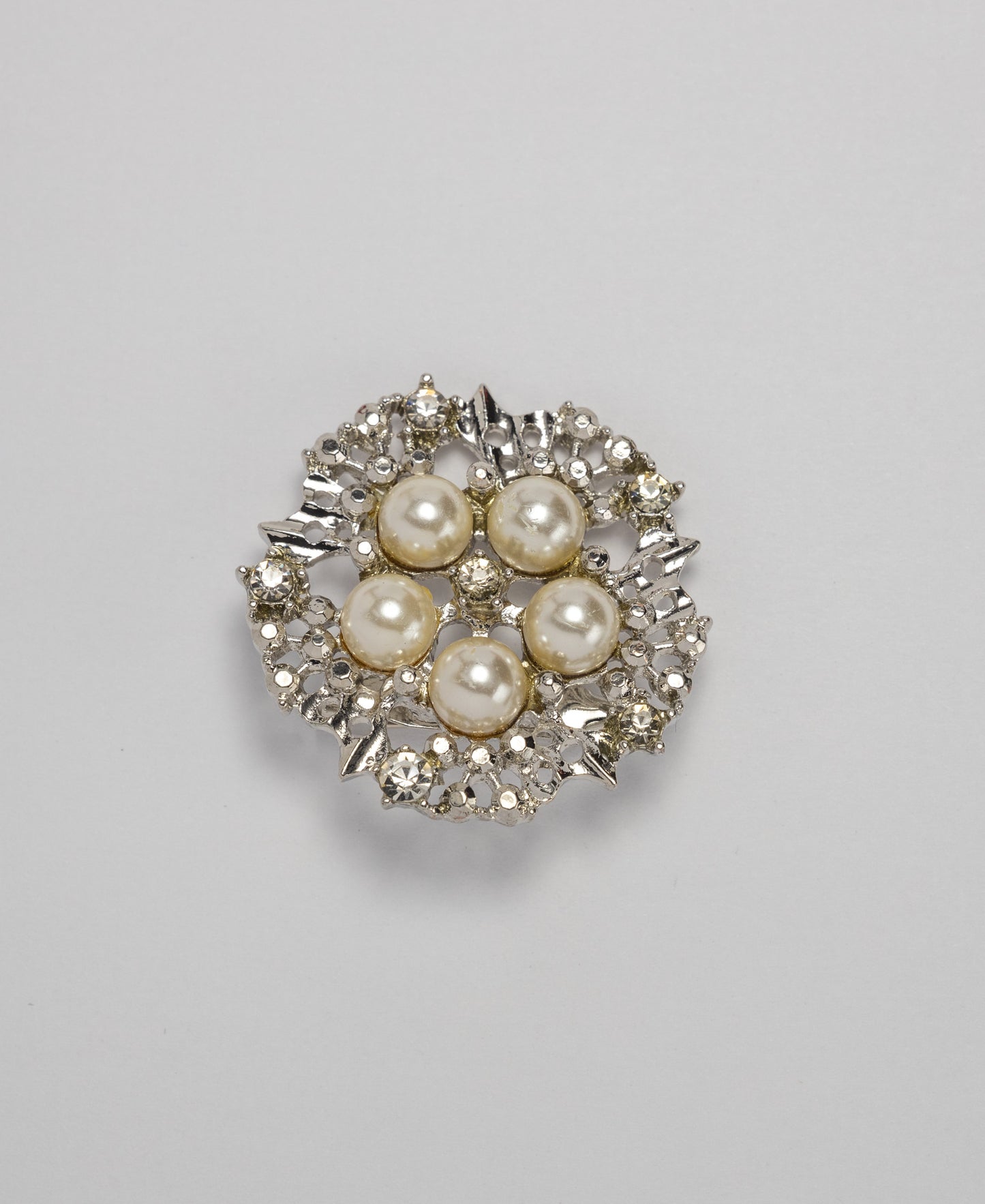 Studded Pearl Flower Brooch - Silver/White