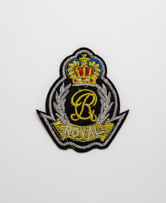 Sew on Motif - Black/Silver/Gold "R" Royal Badge