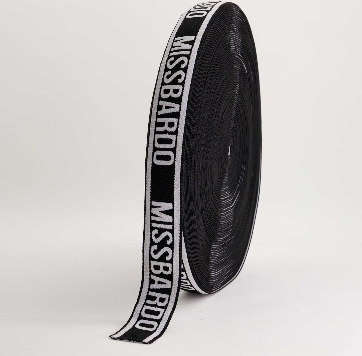 Printed Elastic - Black/White "MISSBARDO" (40mm) (SOLD PER METER & ROLL)